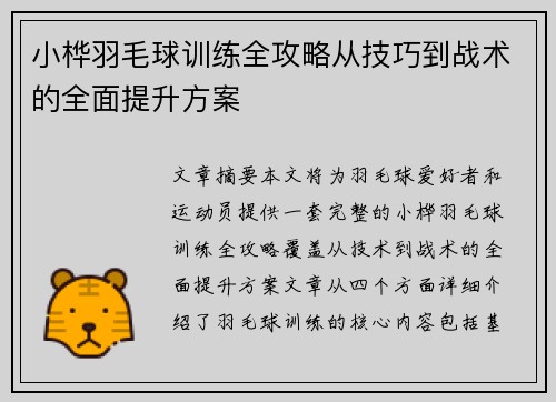 小桦羽毛球训练全攻略从技巧到战术的全面提升方案